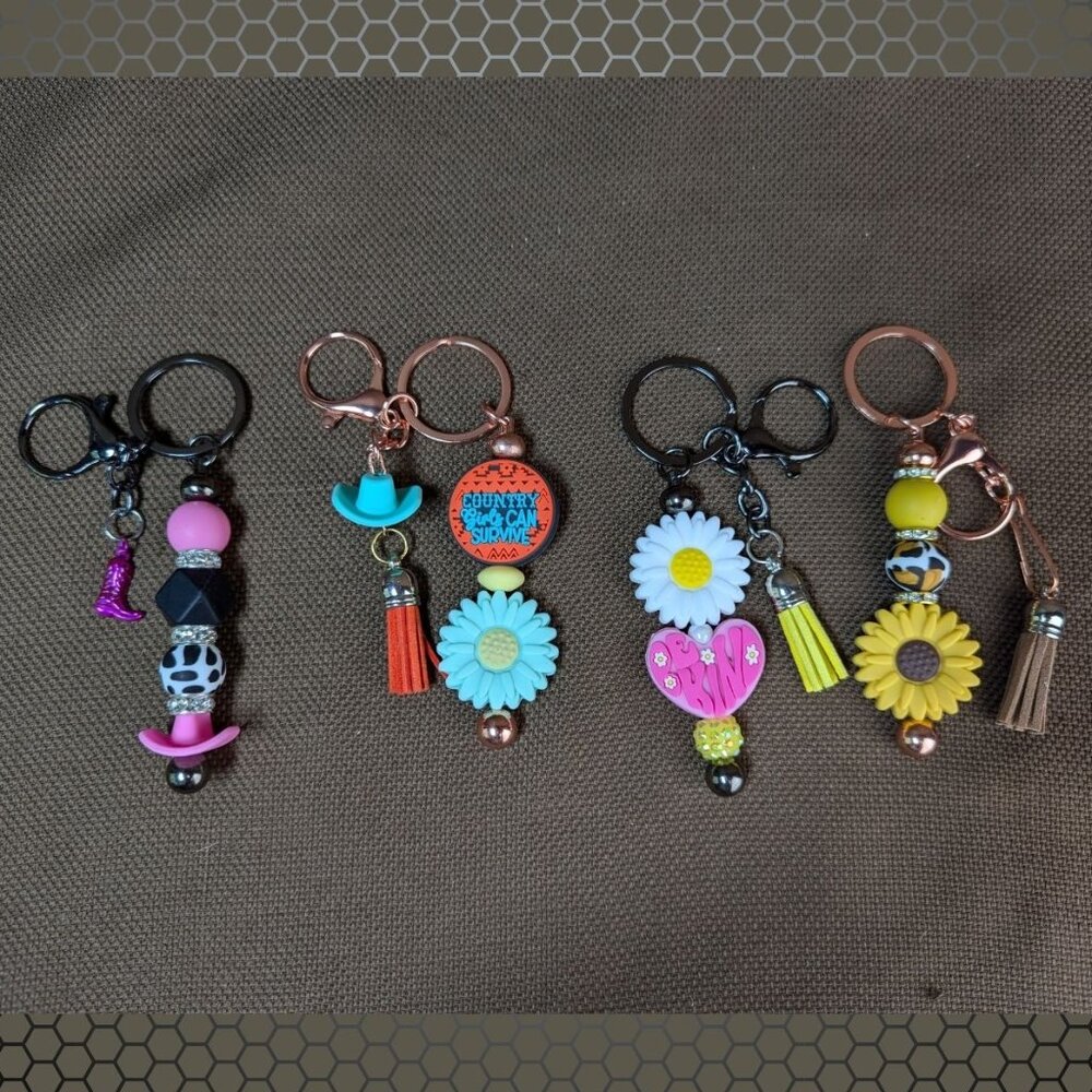 Beaded Keychain YOU PICK Pink Cowgirl, Country Girls, Be Kind, Cheetah Daisy